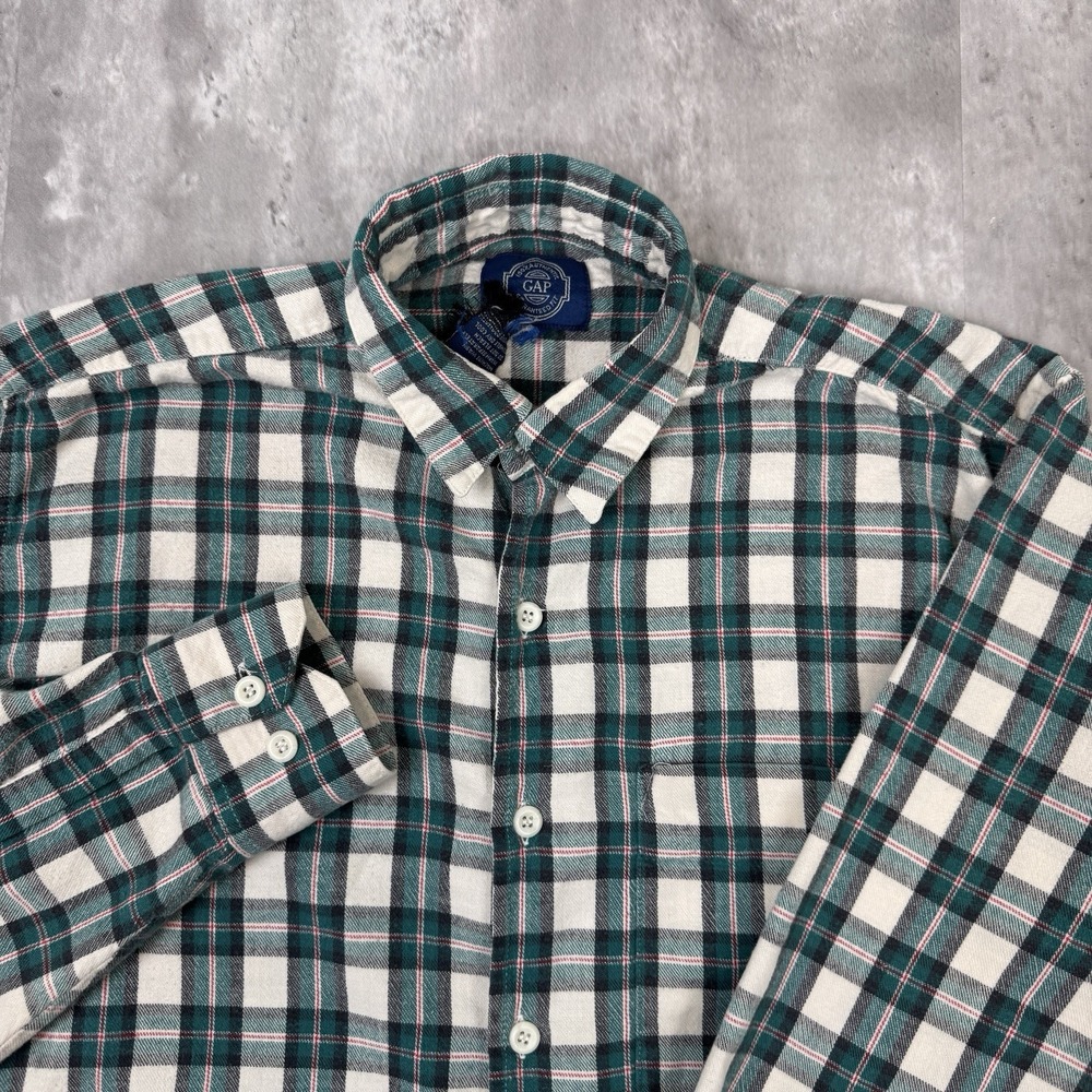 Vintage GAP Flannel Mens Small Green Plaid Button Shirt Grunge Long Sleeve 90s